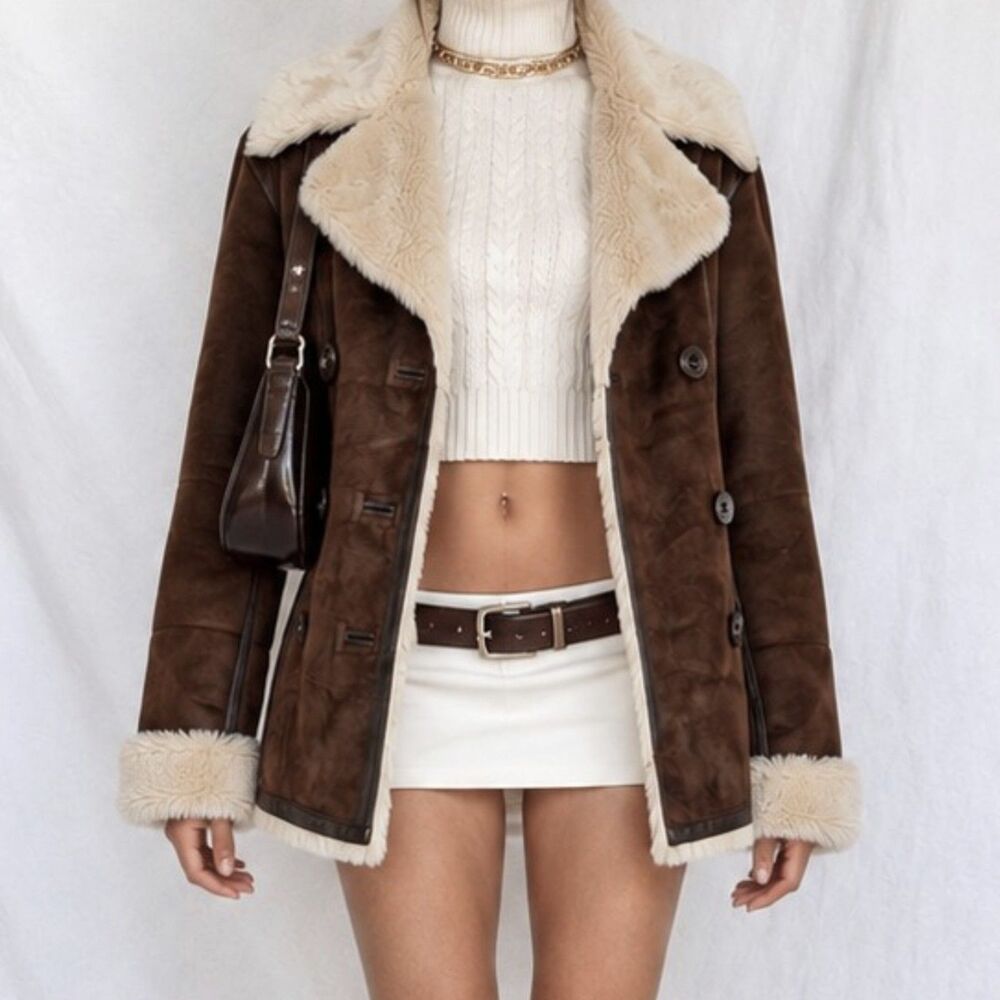 Vintage Y2K 90s Brown Shearling Faux Fur Lined Suede Teddy Coat Jacket Size M